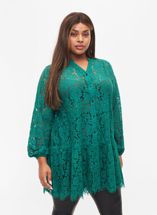 Lace tunic with button closure, Evergreen, Model image number 0