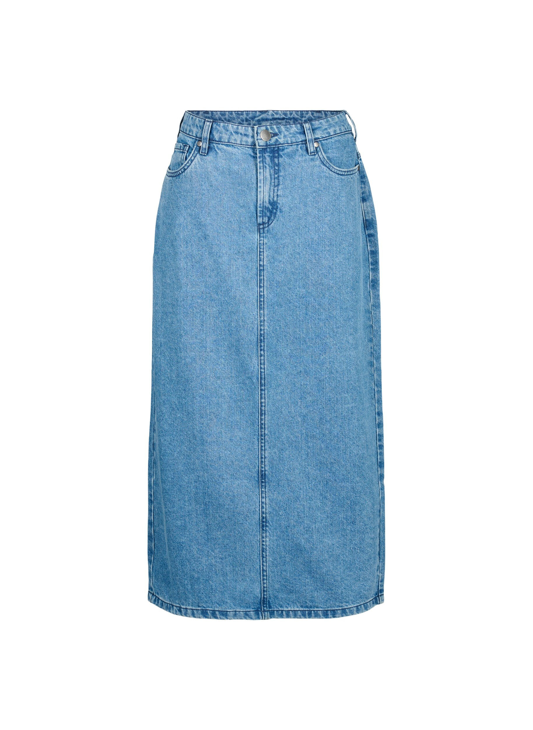 Zizzifashion Midi-length denim skirt with back slit, Denim Blue, Packshot image number 0