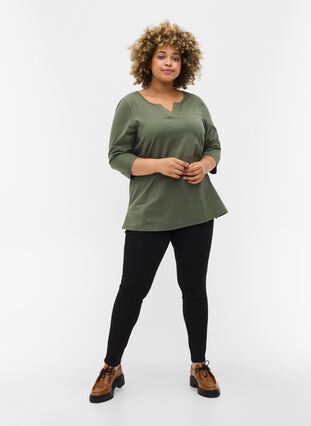 Plain-coloured cotton blouse with 3/4-length sleeves and slits, Thyme, Model image number 2