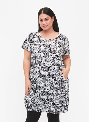 Short-sleeved, printed cotton dress, Swirl AOP, Model image number 0