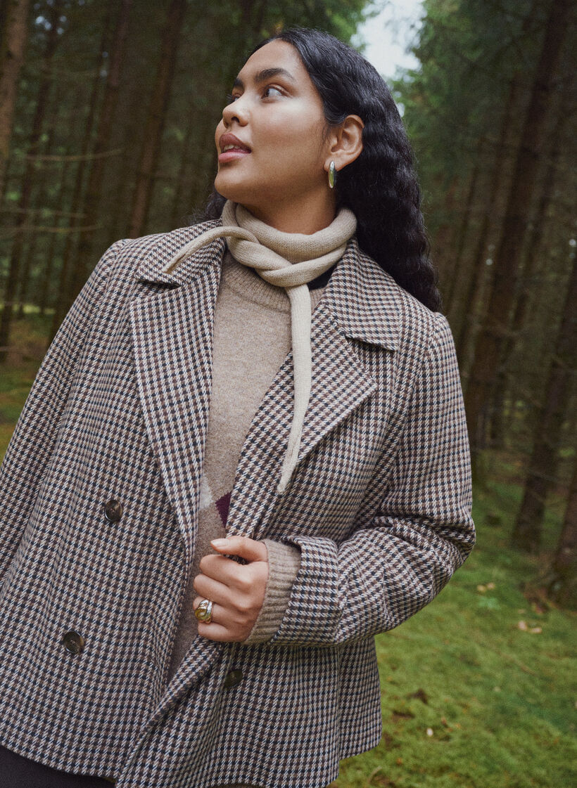 Short checked coat with double-breasted button fastening, Brown, Image image number 0