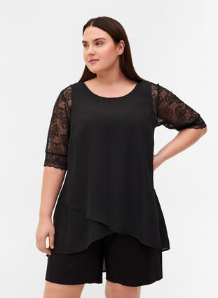 Short Sleeve Lace Top, Black, Model image number 3