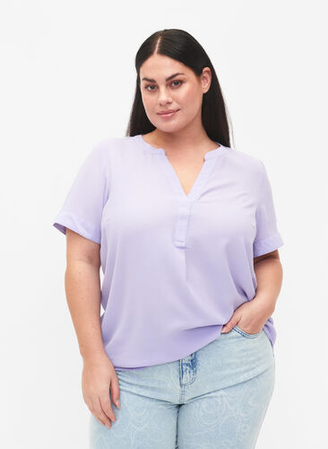 Short-sleeved blouse with v-neckline, Lavender, Model image number 0