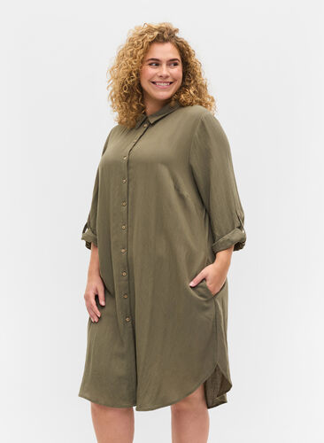 Long solid-coloured viscose shirt with 3/4 sleeves, Dusty Olive, Model image number 0