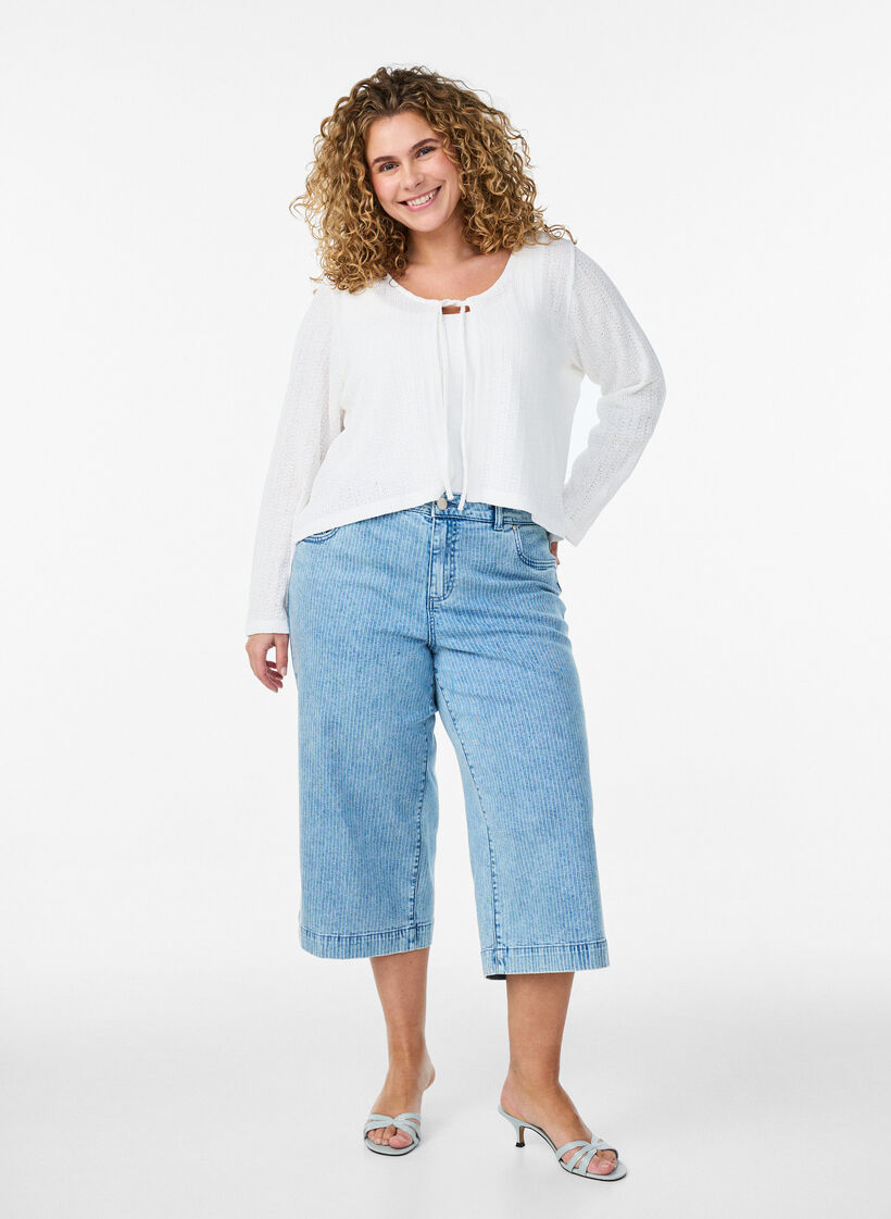 Jersey cardigan with texture and tie front, White, Model image number 1