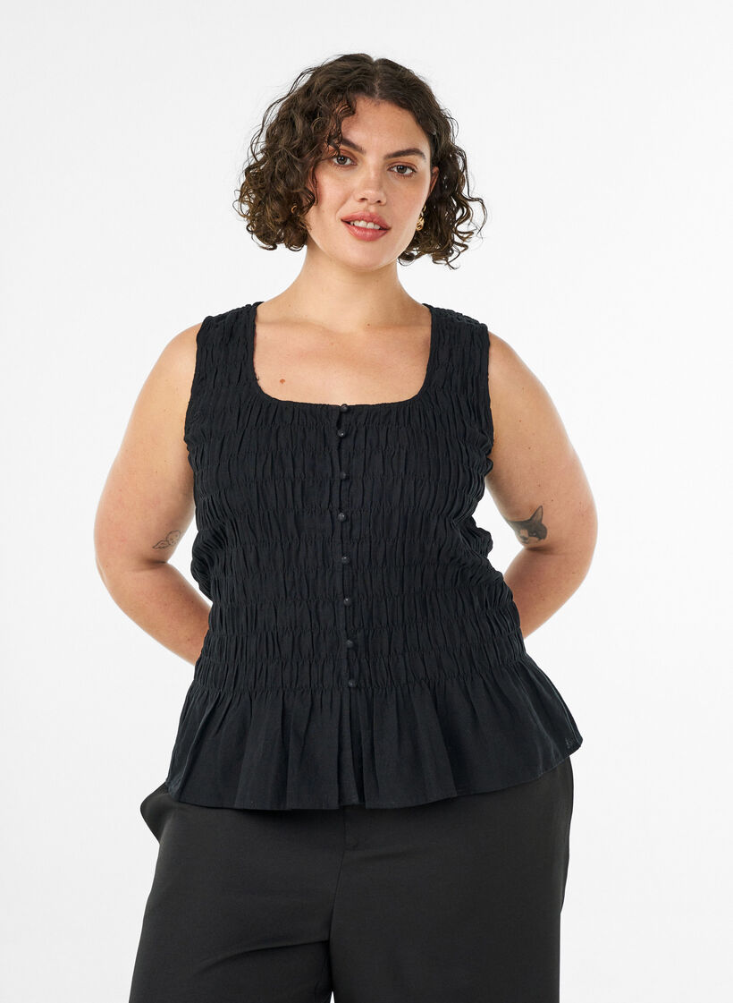 Sleeveless cotton and linen top with smock, Black, Model image number 0
