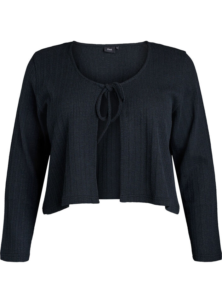 Jersey cardigan with texture and tie front, Black, Packshot image number 0