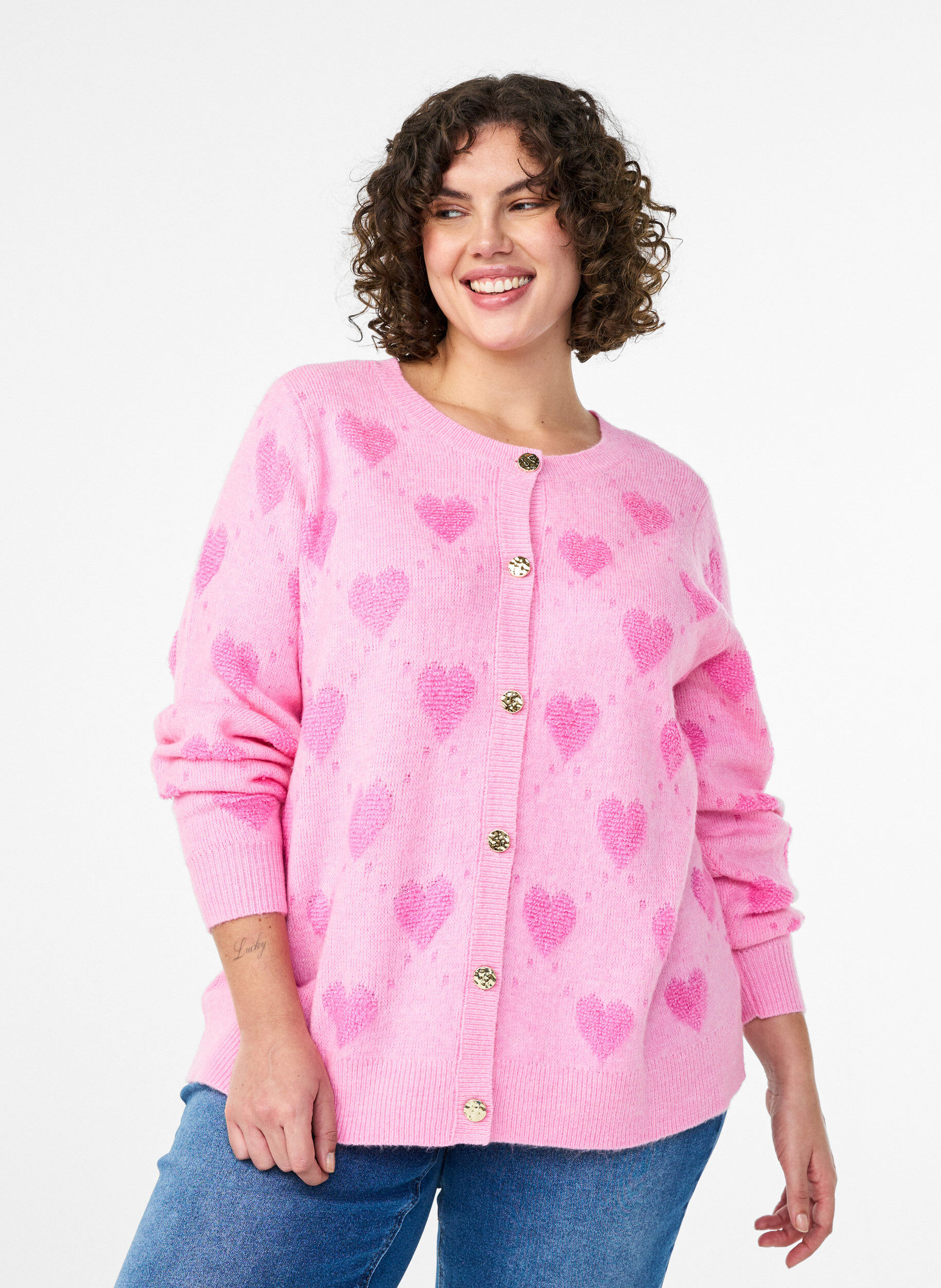 Cardigan with hearts and golden buttons, Pink, Model
