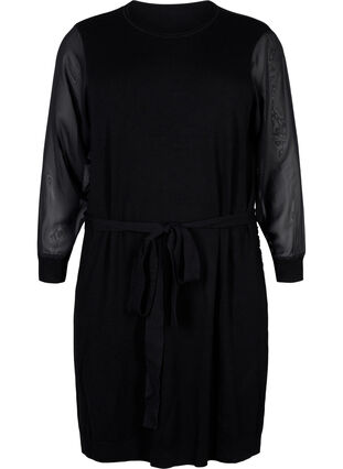 Knitted dress with sheer sleeves, Black, Packshot image number 0