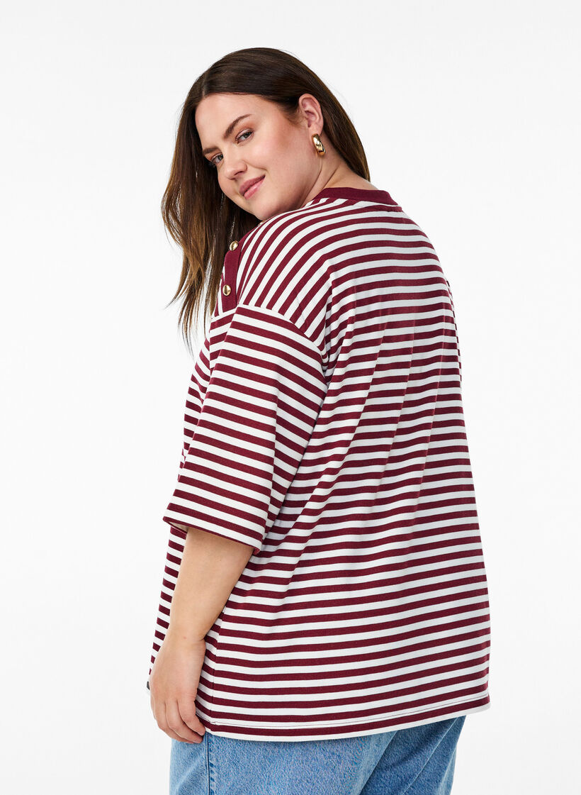 Striped blouse with 3/4 sleeves and button detail, Red, Model image number 2