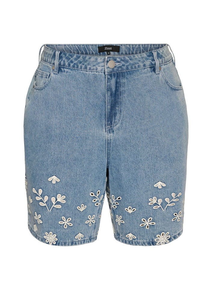 Denim shorts with broderie anglaise and high waist, Light Blue, Packshot image number 0