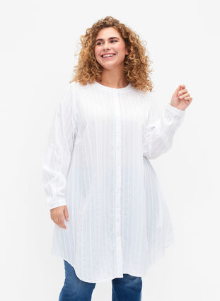 Long viscose shirt with striped structure, Bright White, Model image number 0