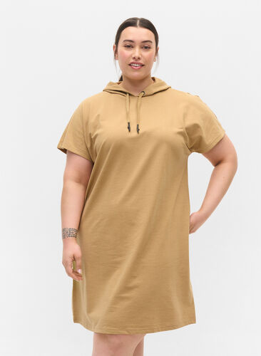 Hooded short-sleeved sweat dress, Tannin, Model image number 0