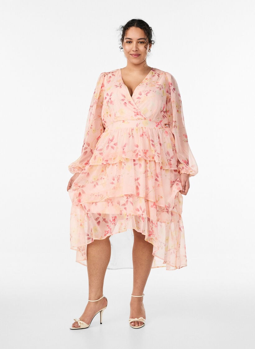 Floral midi dress in chiffon with a smocked waist, Orange, Model image number 0