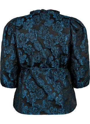 Jacquard wrap blouse with 3/4 sleeves, Black Blue, Packshot image number 1