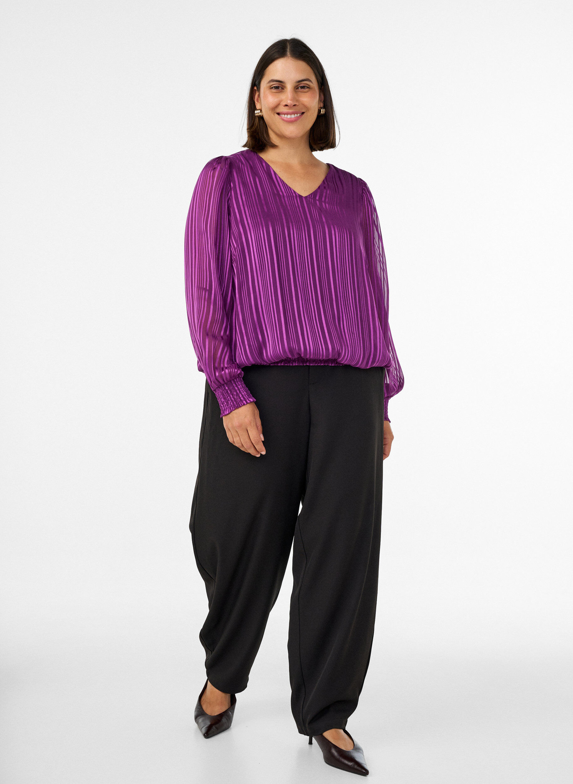 ZizzifashionStriped blouse with a balloon shape, Purple, Model image number 1