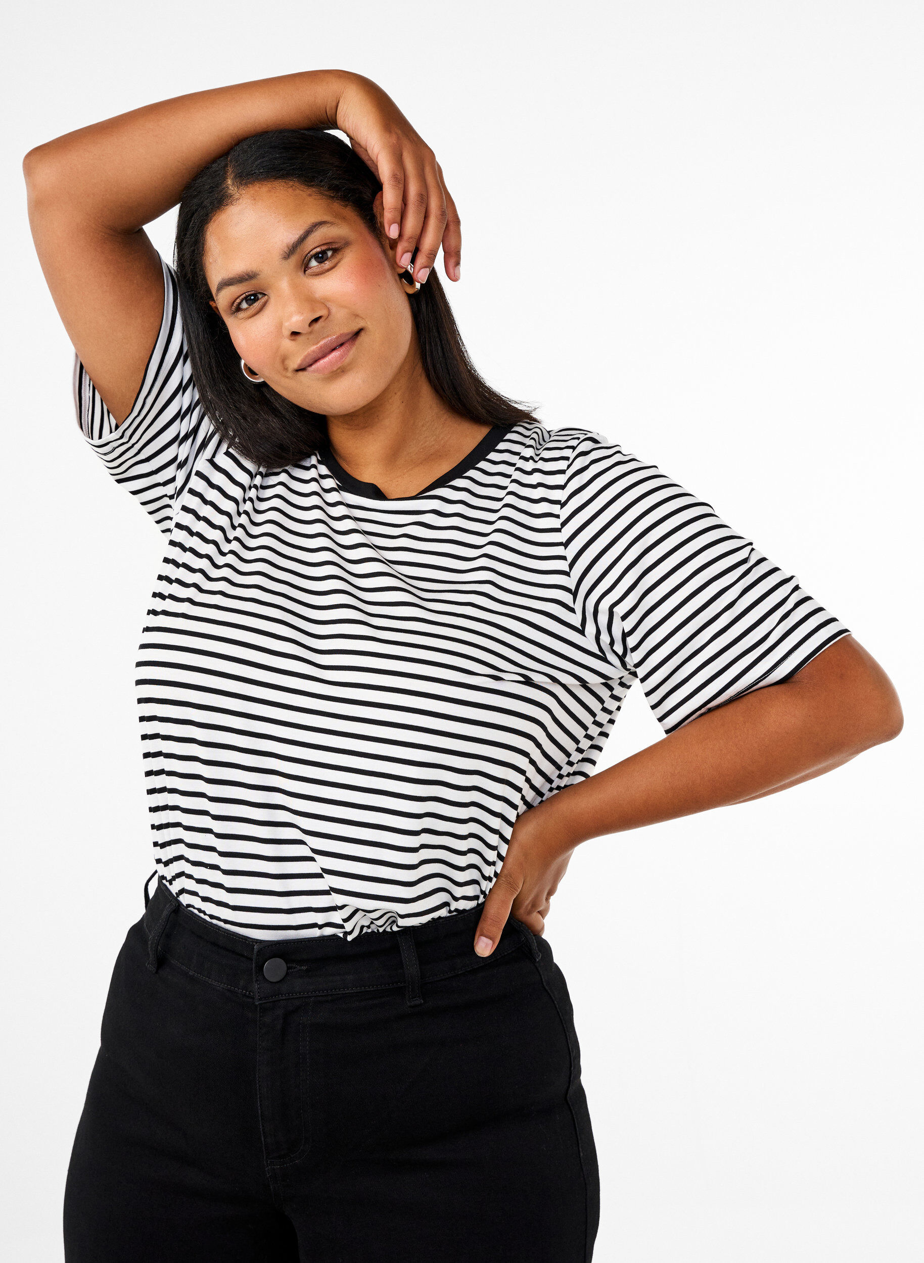 ZizzifashionT-shirt with TENCEL&trade; Lyocell and stripes, White, Model image number 0