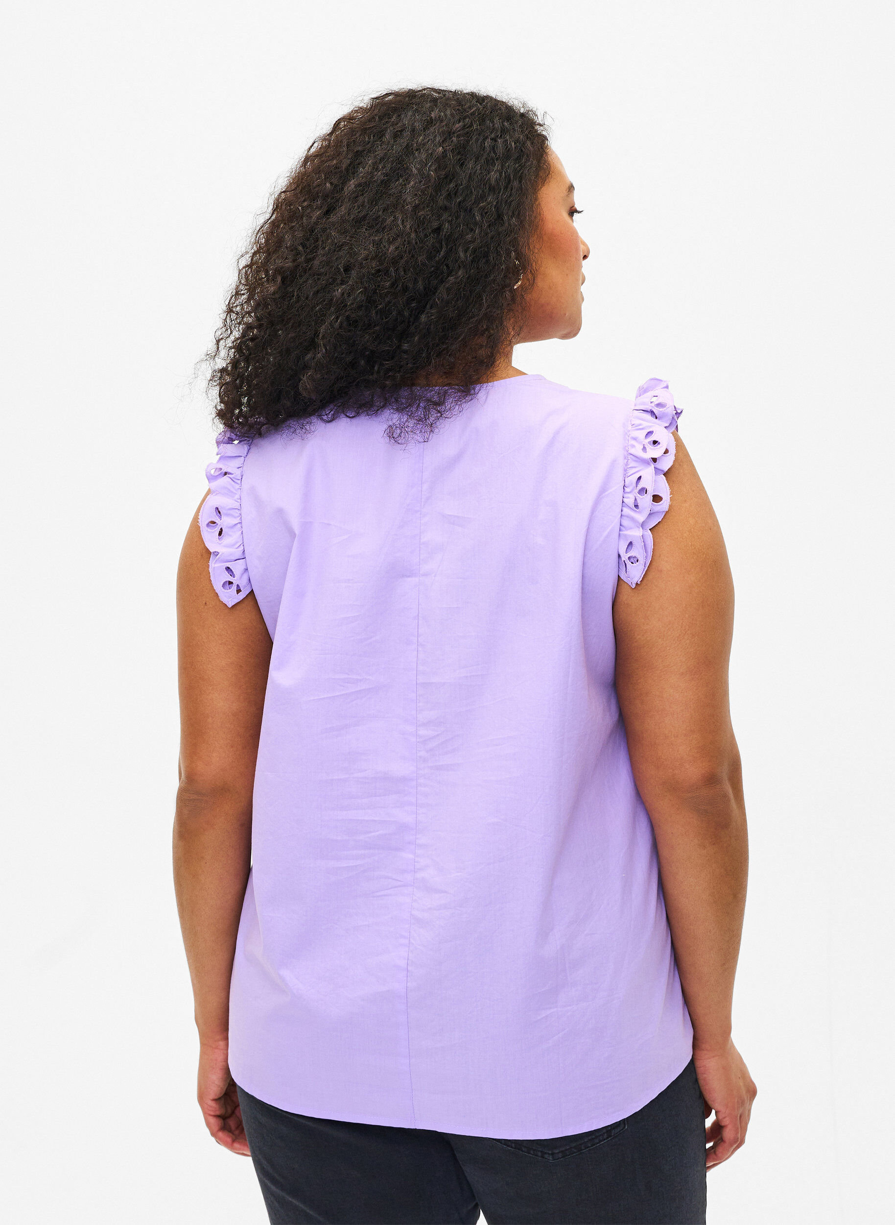 Zizzifashion Sleeveless cotton top with ruffles, Purple, Model image number 2