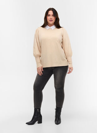 Knitted ribbed sweater with balloon sleeves, Birch Mel, Model image number 3