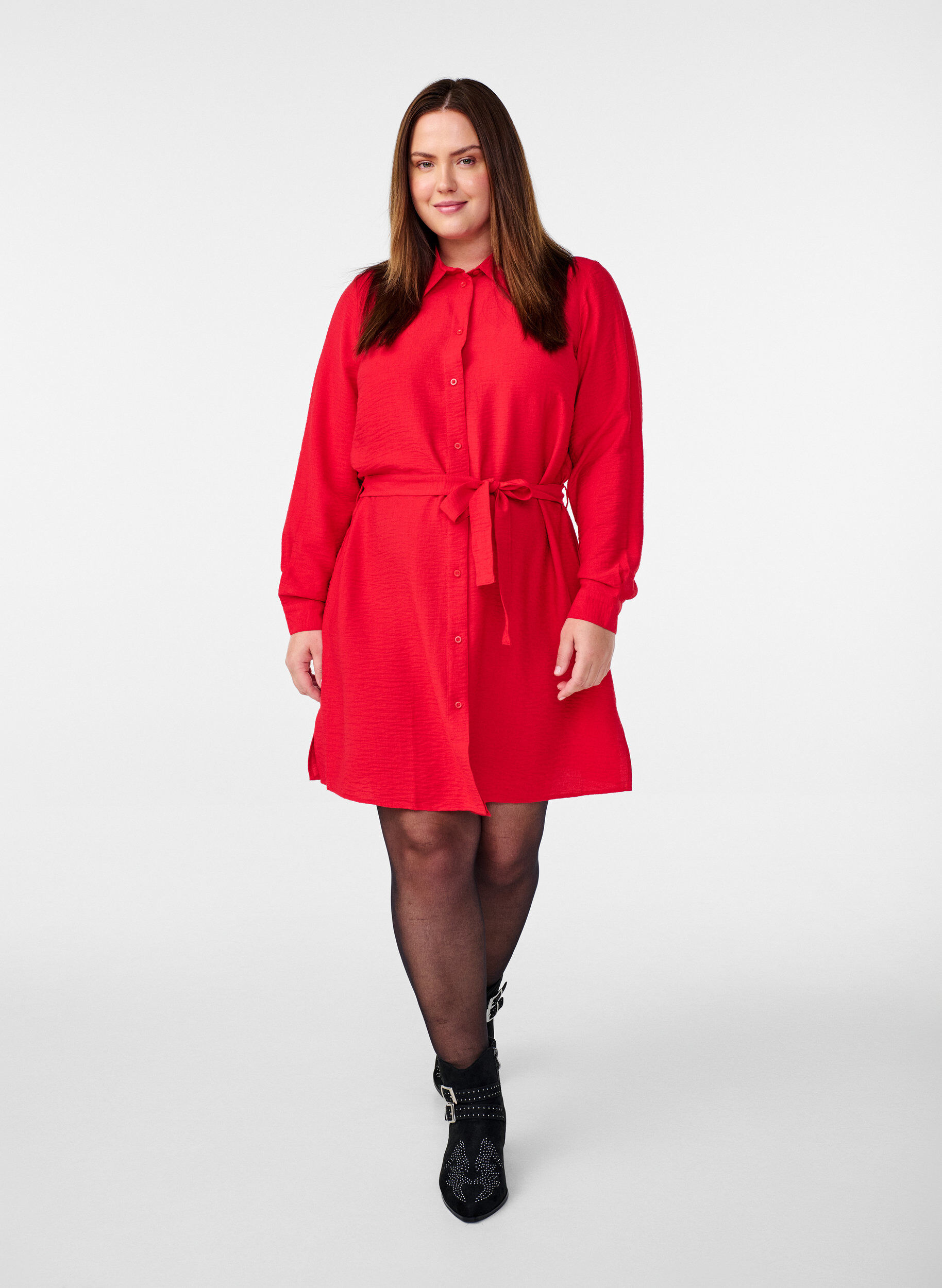 Zizzifashion Shirt dress with tie belt and long sleeves, Red, Model image number 1