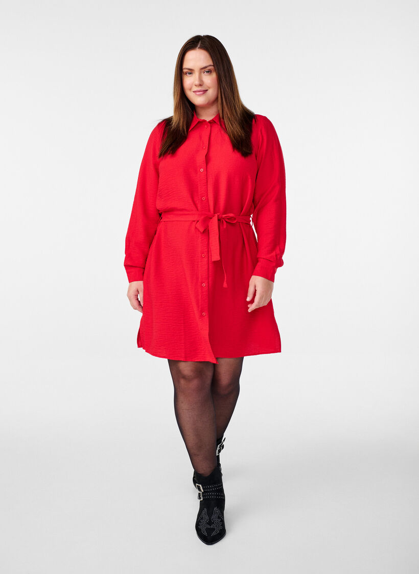 Shirt dress with tie belt and long sleeves, Red, Model image number 1