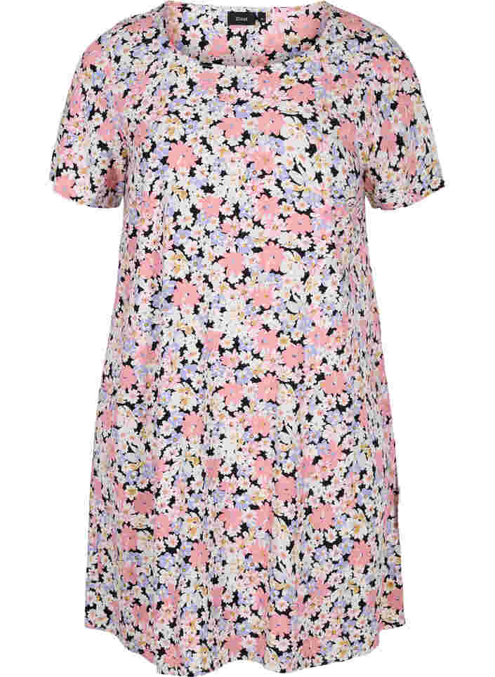 Short-sleeved floral viscose dress, Dusty Flower Mix, Packshot image number 0