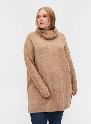 Marled, roll neck knitted poncho with slits, Rubber Mel., Model image number 0