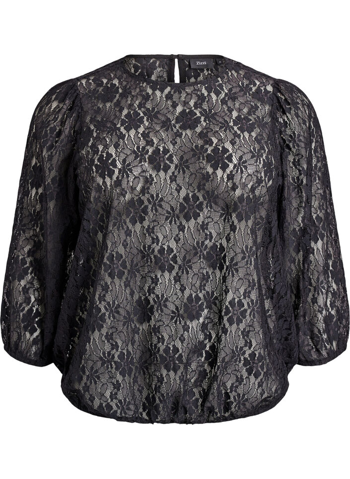 Lace blouse with 3/4 sleeves, Black, Packshot image number 0