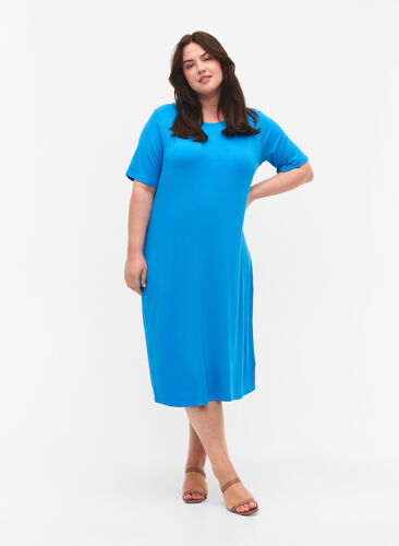 Viscose rib midi dress with short sleeves, Ibiza Blue, Model image number 0
