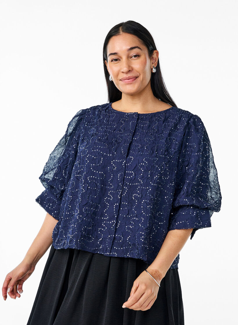 Party blouse with sequins and 1/2 sleeves, Blue, Model image number 0