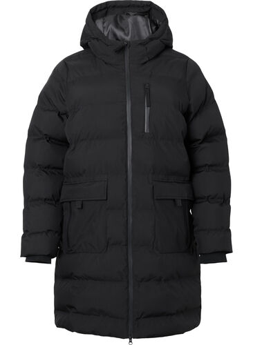 Puffer coat with hood and pockets, Black, Packshot image number 0