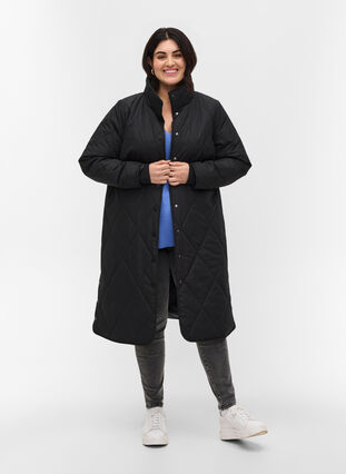 Long quilted high-neck jacket with pockets, Black, Model image number 2