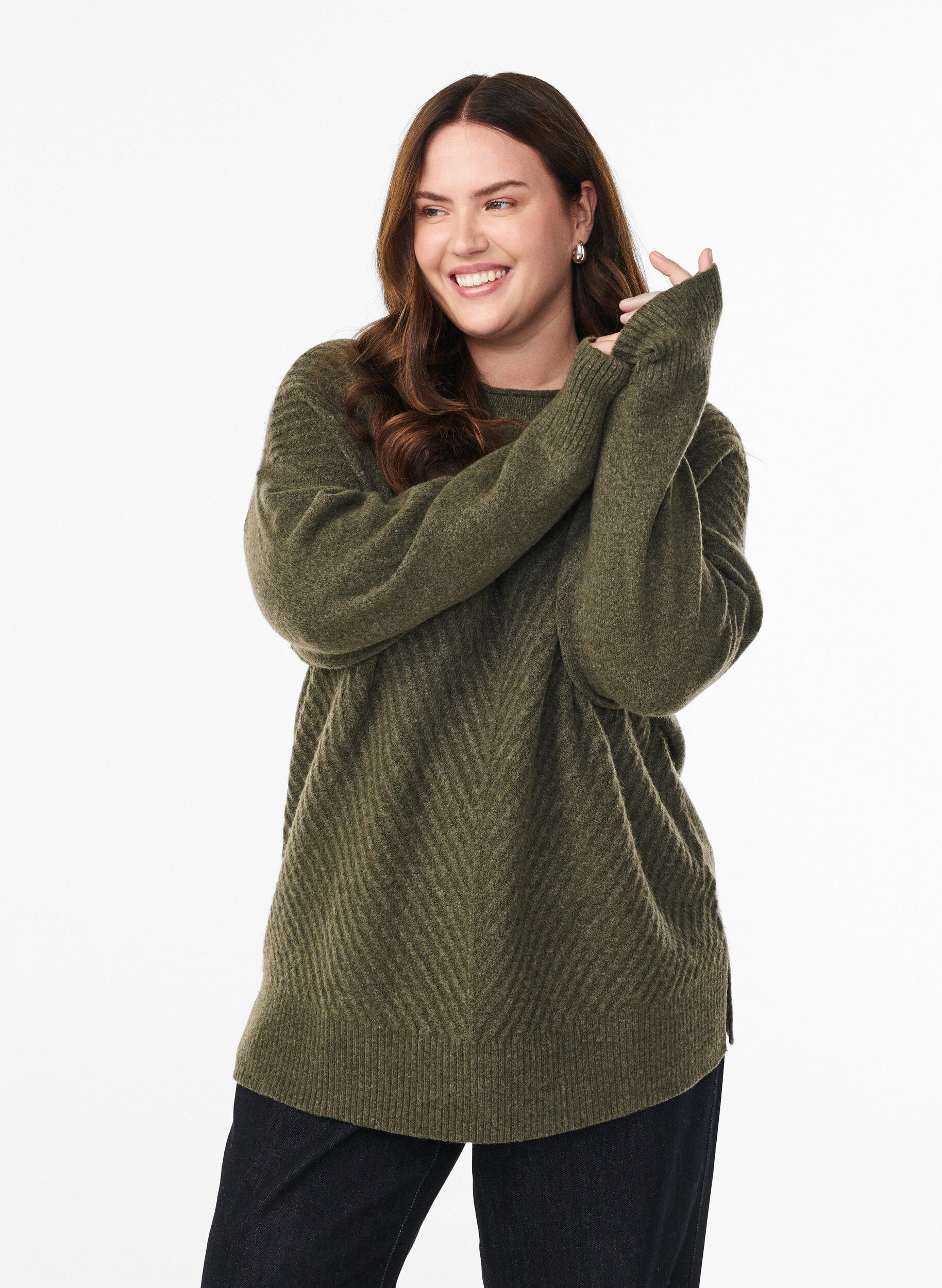 ZizzifashionKnitted blouse with V-shaped rib pattern and slits, Green, Model image number 0