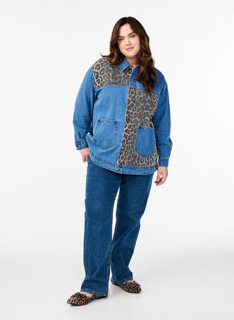Denim shirt with leopard print details, Blue, Model image number 1