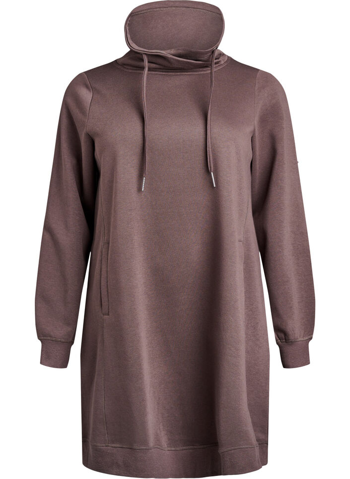 Short sweatshirt dress with high collar and pockets, Brown, Packshot image number 0