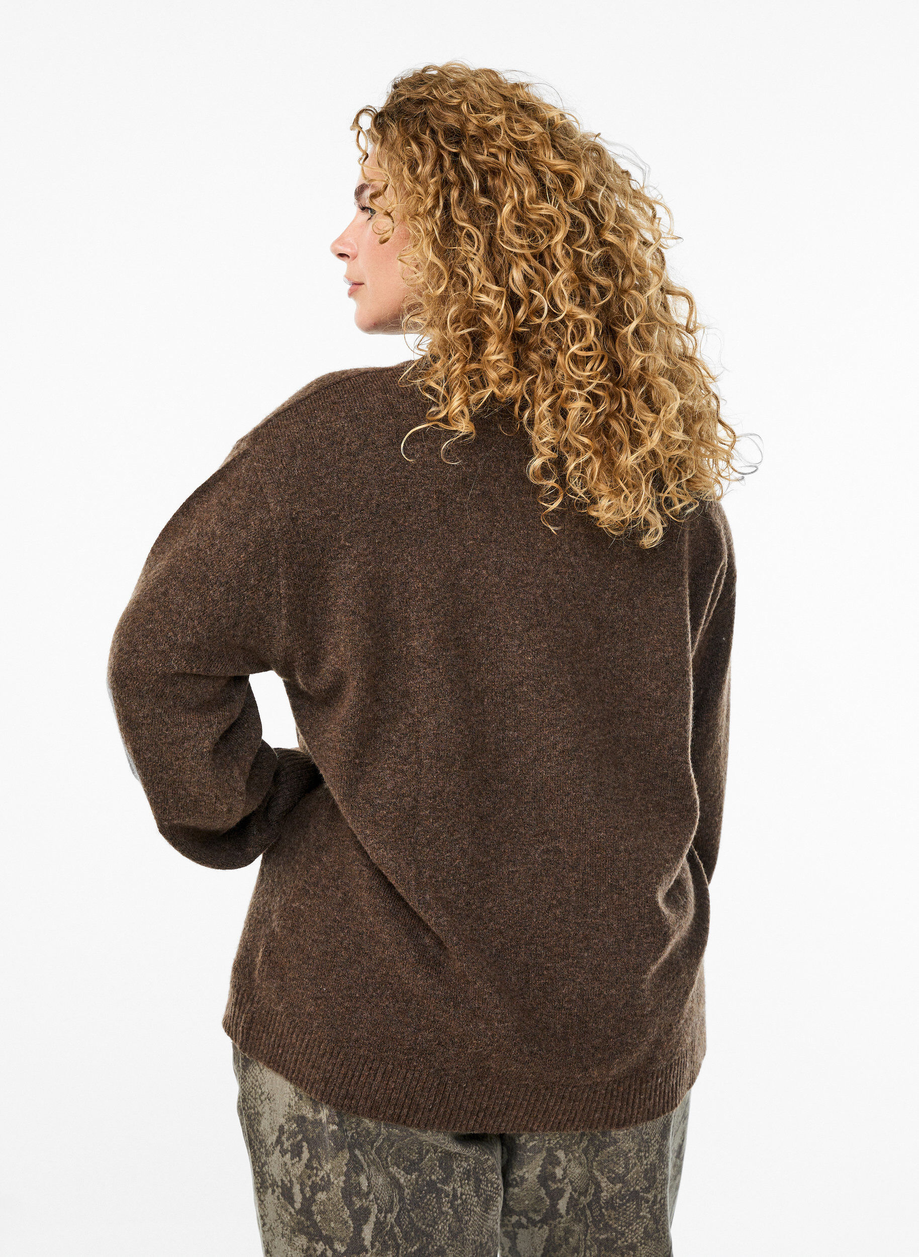 Zizzifashion Knit blouse with collar and V-neckline, Brown, Model image number 2