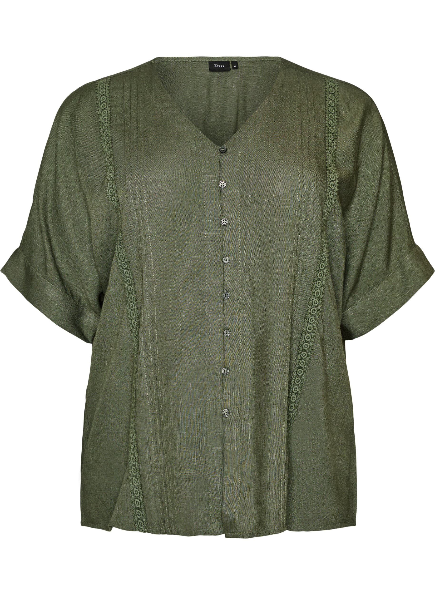ZizzifashionViscose blouse with crochet trim and buttons, Green, Packshot image number 0