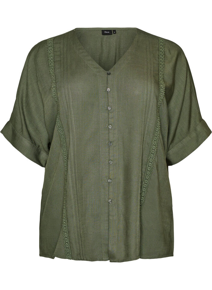 Viscose blouse with crochet trim and buttons, Green, Packshot image number 0