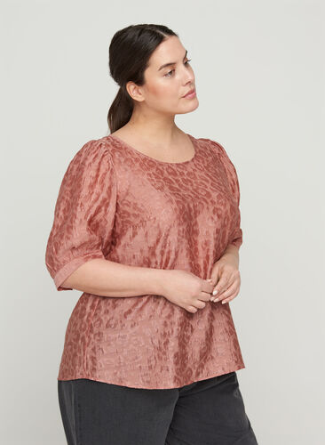Blouse with 2/4 puff sleeves and a tone-on-tone pattern, Rose Smoke, Model image number 0