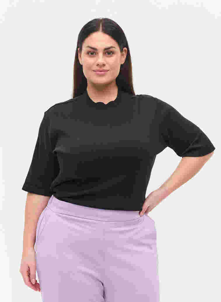 High-neck cotton blouse with half sleeves, Black, Model image number 0