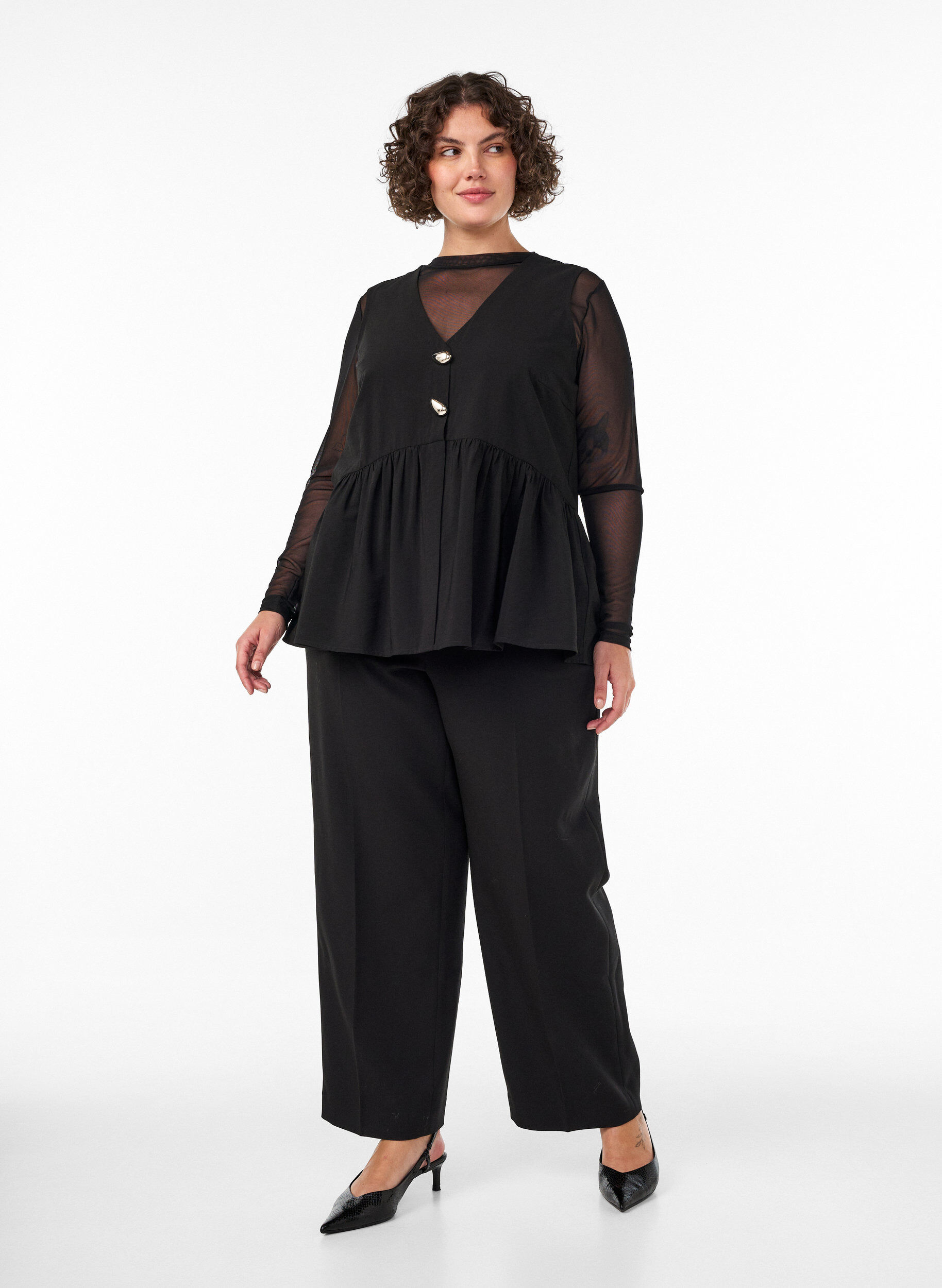 ZizzifashionSleeveless peplum blouse with decorative buttons, Black, Model image number 1