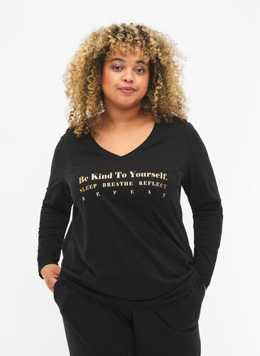 Cotton nightshirt with text print, Black W. Be, Model image number 0