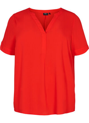 Short-sleeved blouse with v-neckline, Fiery Red, Packshot image number 0