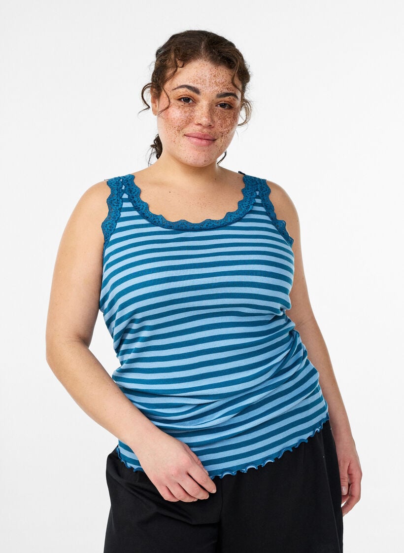 Striped top with a ribbed texture and a lace trim, Blue, Model image number 0