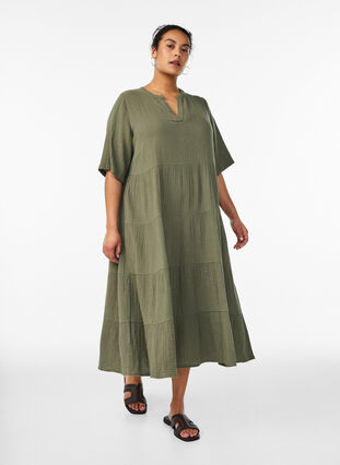 muslin midi dress Bottle Green Checks Cotton Muslin Square Neck Midi Dress