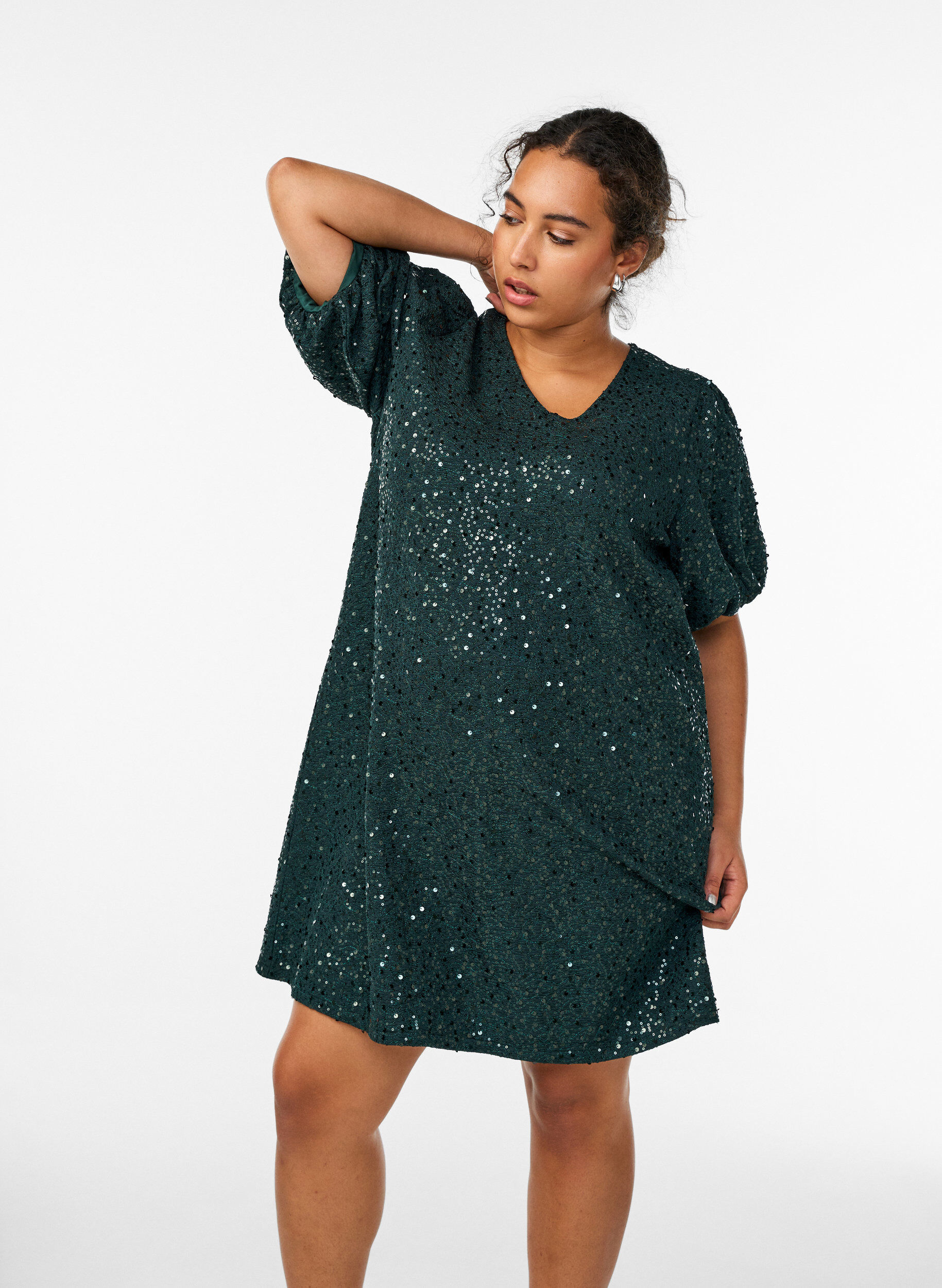 Zizzifashion Short sequin dress with puff sleeves, Green, Model image number 1