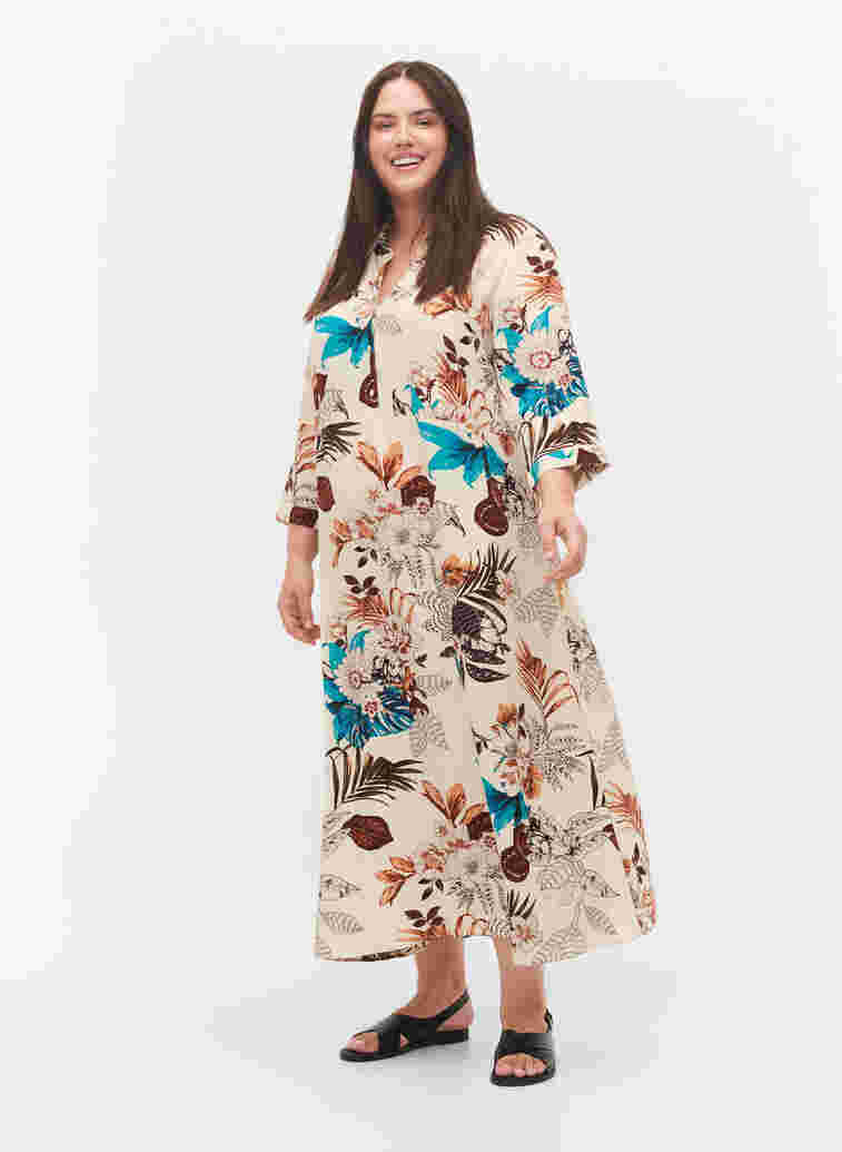 Floral print viscose shirt dress, Brown Flower AOP, Model image number 0