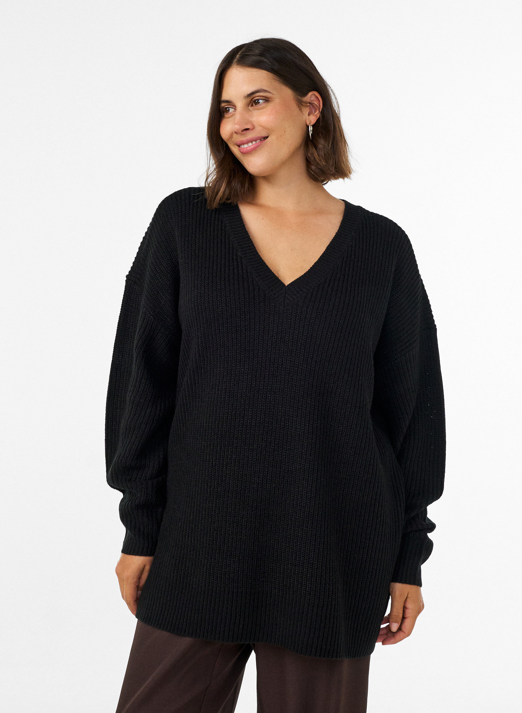 ZizzifashionLong rib-knit blouse with a V-neck, Black, Model image number 0