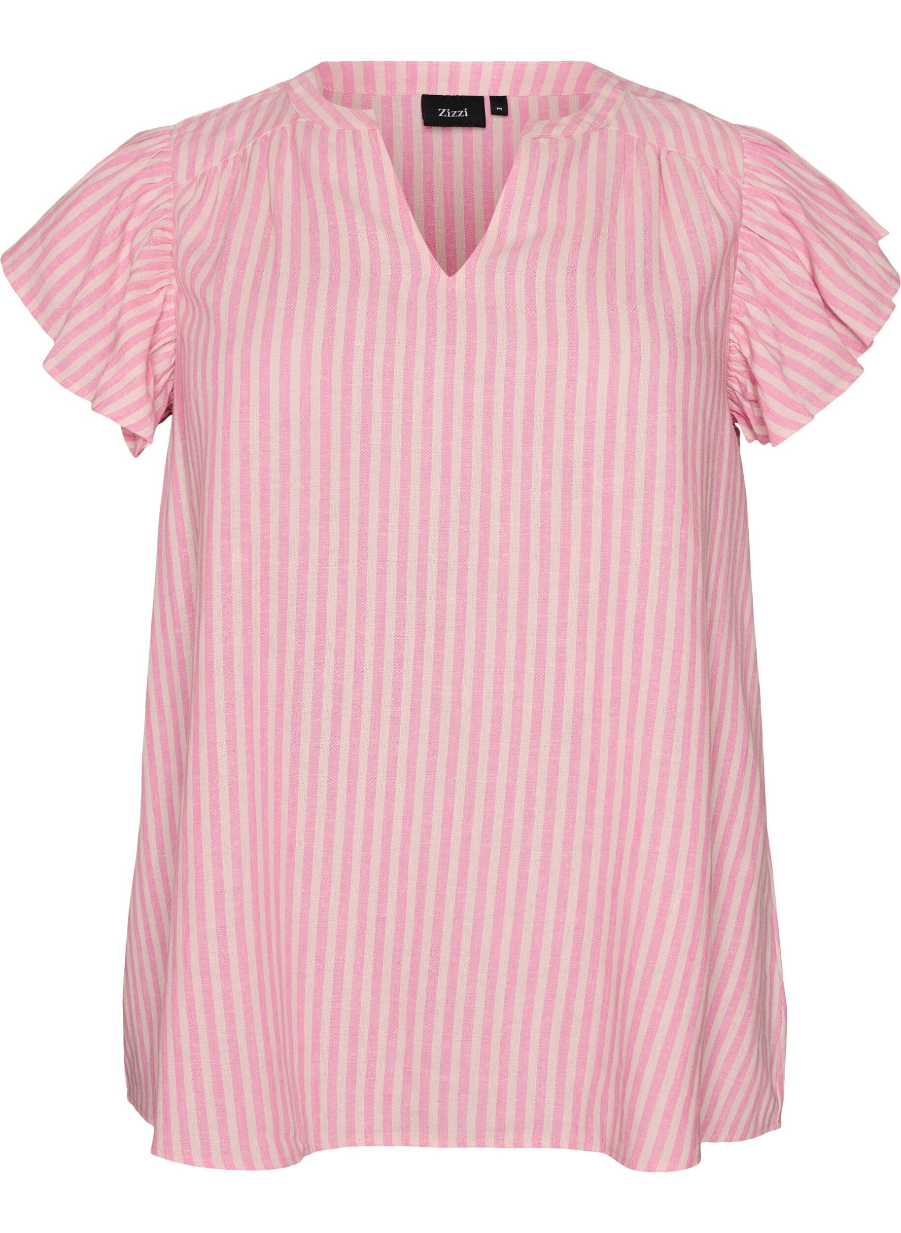 ZizzifashionViscose and linen blouse with ruffle sleeves, Pink, Packshot image number 0