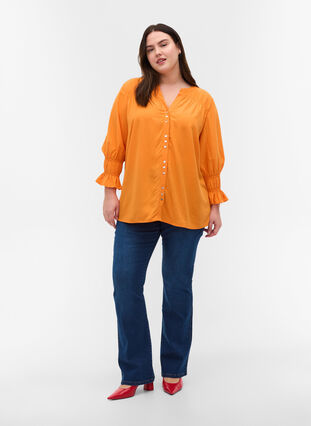 Viscose blouse with button fastening and 3/4-length sleeves, Tangelo, Model image number 2